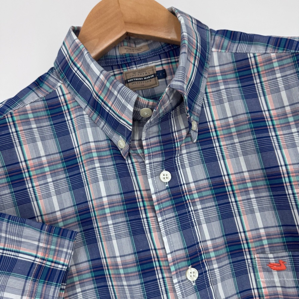 Southern Marsh Short Sleeve Button Down Shirt Mens L Blue Plaid Preppy Madras